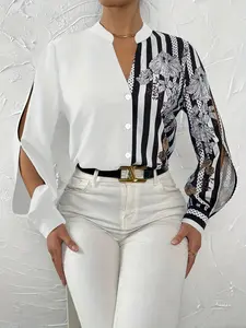 A ladies' floral print, striped, patchwork design woven long-sleeved shirt, highly versatile for all kinds of formal occasions.