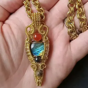 brass necklace, gemstones labradorite carnelian, hematite and bloodstone