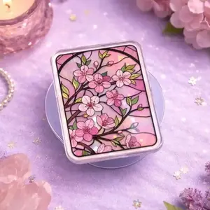 Cherry Blossom Stained Glass MagSafe Phone Grip, Sakura Floral Aesthetic Magnetic Phone Holder, Cute Pink Spring Flower Gift, Kindle Popgrip