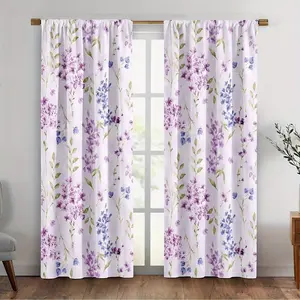 2D flat pattern, 2-piece pack. 2D flat printed curtains, floral lilac pattern, semi-blackout and heat-insulating curtains, suitable for bedroom, kitchen, and living room decoration. Fiber balcony curtains (rod not included), 2D flat pattern.
