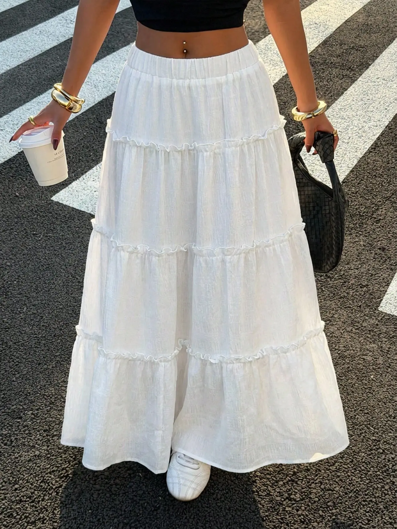 Women’s White Tiered Maxi Skirt, Elastic Waist Ruffle Hem Flowy Boho Summer Beach Vacation Skirt
