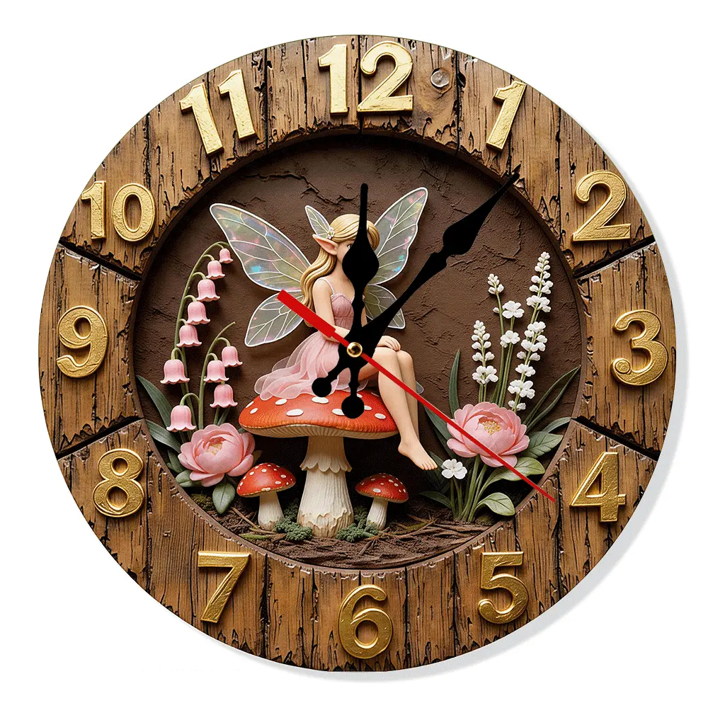 Fairy Wooden Wall Clock Silent Non Ticking Battery Operated Floral Woodland Decor for Girls Bedroom Living Room 10/12 Inch
