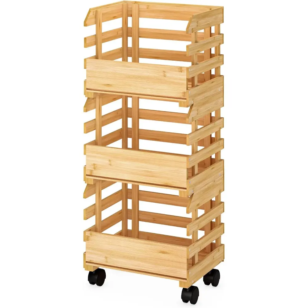 Bamboo Fruit Basket Rack, Potato and Onion Storage Trolley, Three-Tier Fruit Basket with Wheels, Kitchen Floor Vegetable Storage Rack (Self-Assembly)