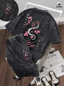 Men's Vintage Style Short Sleeve Set, Dragon Cherry Blossom Print Shorts, Streetwear, Casual, Comfortable, All Seasons