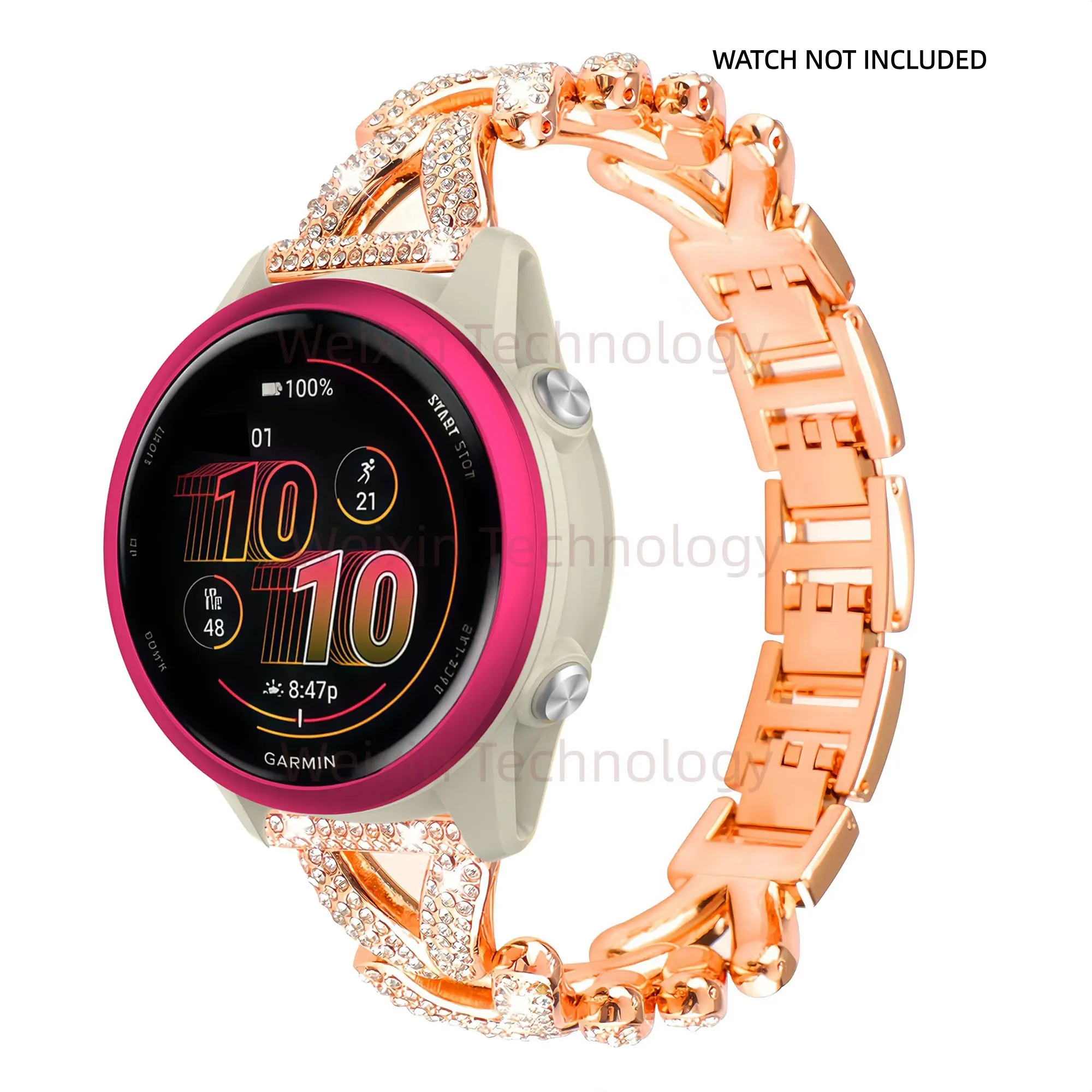 Stylish metal diamond strap compatible with Garmin Forerunner 570 strap, 20mm, 22mm quick release silicone sports strap replacement strap, with loop design, compatible with Garmin Prerunner 570 42mm、47mm、Forerunner 55、165、245、255、265、645、D2 Air X15  Ladie