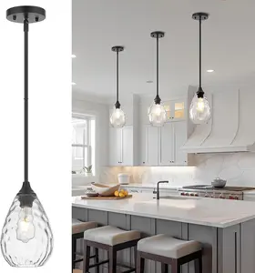 Glass Pendant Lights Kitchen Island, 1-Light Modern Black Fixtures with Hammered Glass & Rods Small Hanging Light for Kitchen Sink Dining Room Bathroom