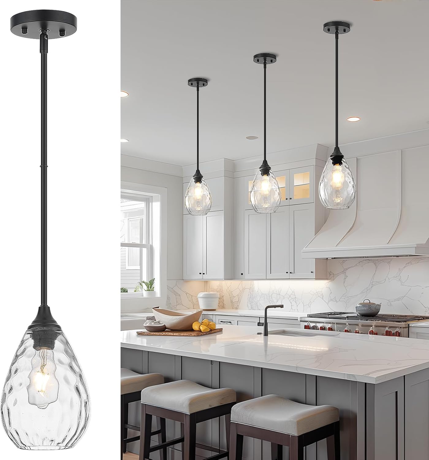 Glass Pendant Lights Kitchen Island, 1-Light Modern Black Fixtures with Hammered Glass & Rods Small Hanging Light for Kitchen Sink Dining Room Bathroom