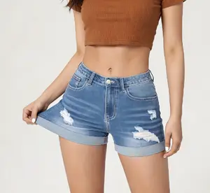 Women's High-Waisted Ripped Distressed Cuffed Stretchy Washed Denim Shorts, Womenswear Bottom for Summer Casual Wear