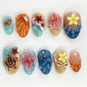 S58 Katy Nails – Tropical Ocean Paradise Press-On Nails, 3D Starfish, Sea Turtle, Shells & Hawaiian Flowers, Blue & Coral Tones, Gifts for Her