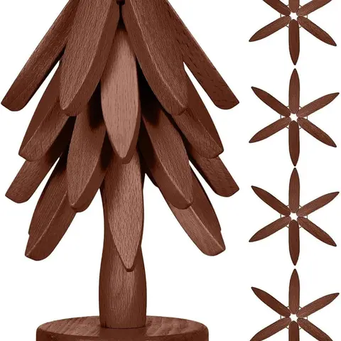 7.8 Inches Wooden Tree-Shaped Trivet Set - 4 Classic Foldable Hot Pot Holders with 1 Stand, Automatically Unfolds, Tree-Tucking Storage, Kind to Glass & Marble, Family-Friendly Kitchen Tableware, Fits Bowls & Pots, Ideal Birthday Gift