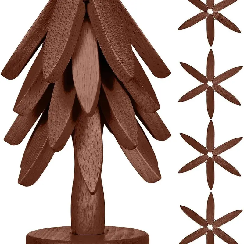 7.8 Inches Wooden Tree-Shaped Trivet Set - 4 Classic Foldable Hot Pot Holders with 1 Stand, Automatically Unfolds, Tree-Tucking Storage, Kind to Glass & Marble, Family-Friendly Kitchen Tableware, Fits Bowls & Pots, Ideal Birthday Gift