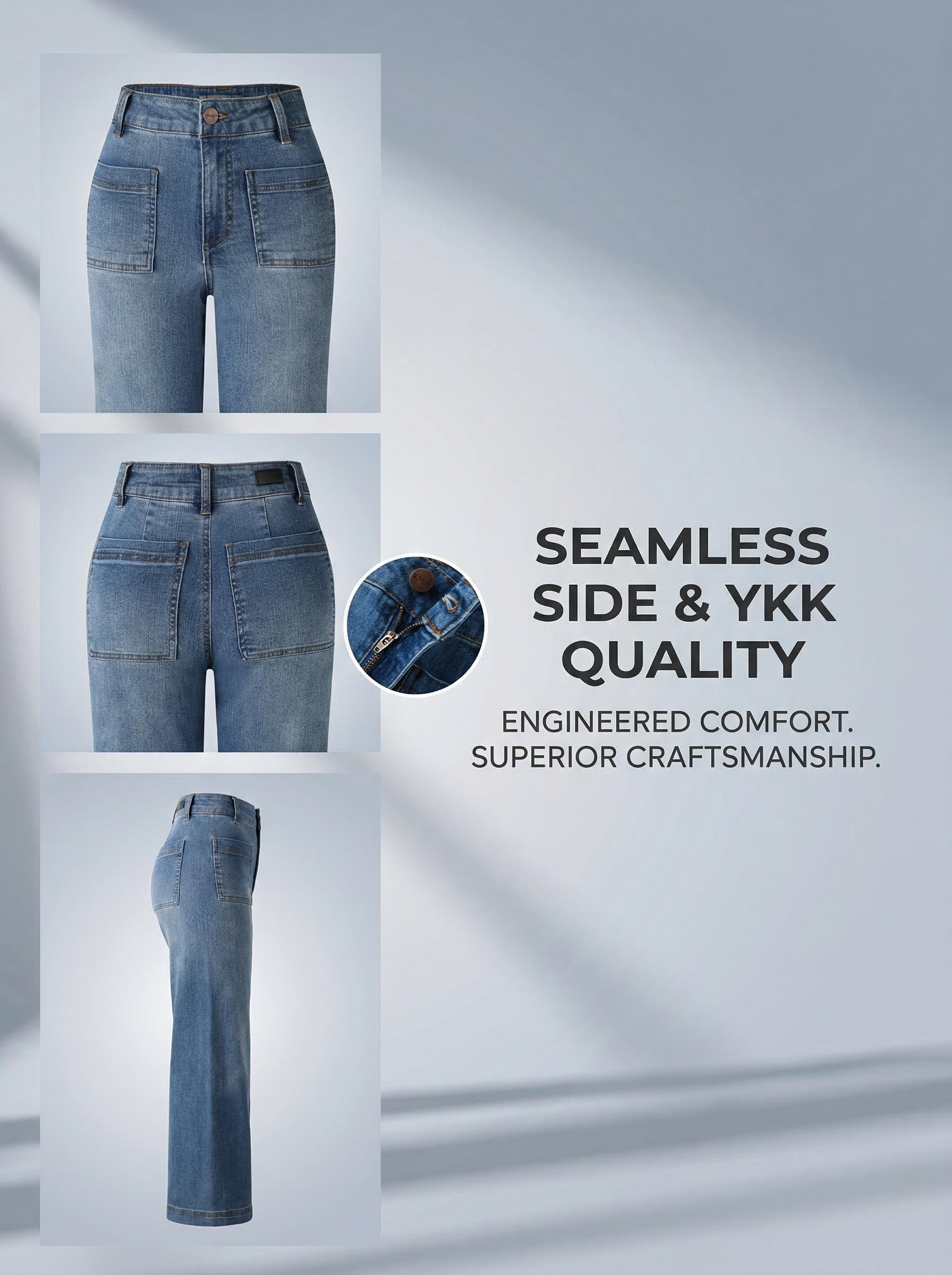 ALVON Women's Stretch Denim Pants Recycled High Waist Wide Leg Jeans Classic Streetwear Comfort Baggy Trouser Maxi Pocket Fitted