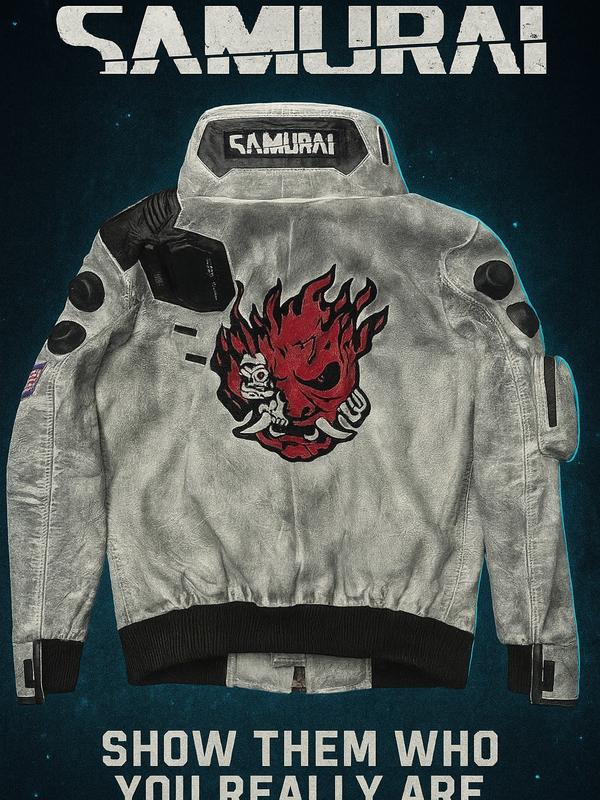 OX and Bulls Handmade Off White V's Jacket 2077 Cyberpunk Inspired Vegan Leather Cosplay Costume for Men Autumn Wear with Samurai Skull Design