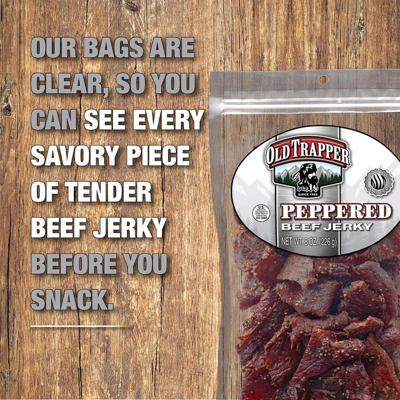 Old Trapper Beef Jerky, Peppered 8 Ounce Pack, Spicy Meat Snacks for Lunches or Between Meals, 11 Grams of Protein, Zero Grams of Fat, and 70 Calories per Serving (Pack of One)