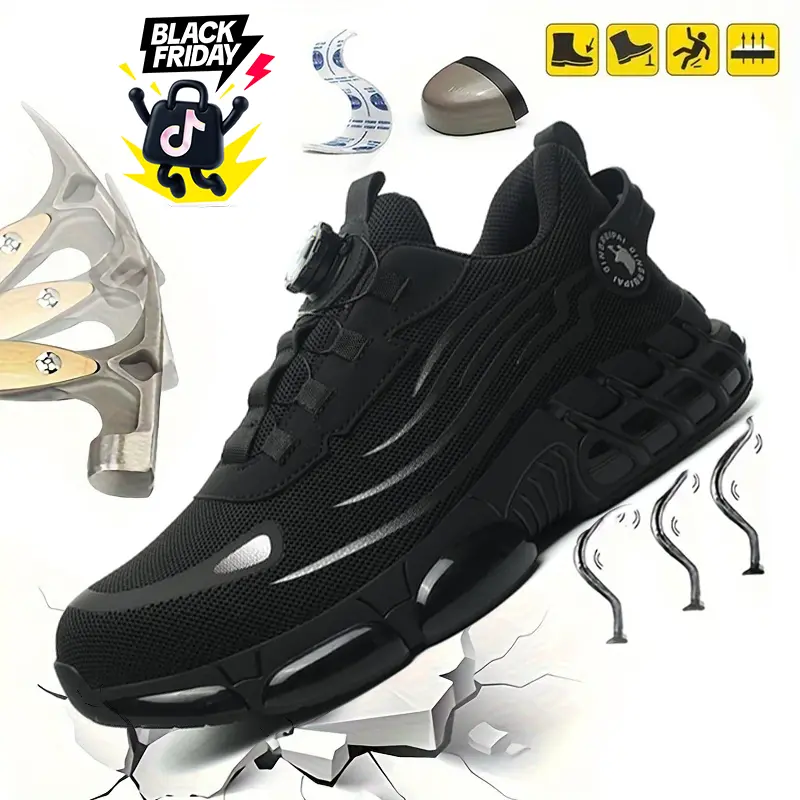 QINGRUIPAI Men's Steel Toe Work Shoes - Breathable Mesh Shoes, Slip-Resistant EVA Sole, Durable Elastic Closure, Striped Design, All-Season Fit,  Ou Safety Boots tdoorfun Fathersdaygift steel toe shoes men zapatos para trabajo,
