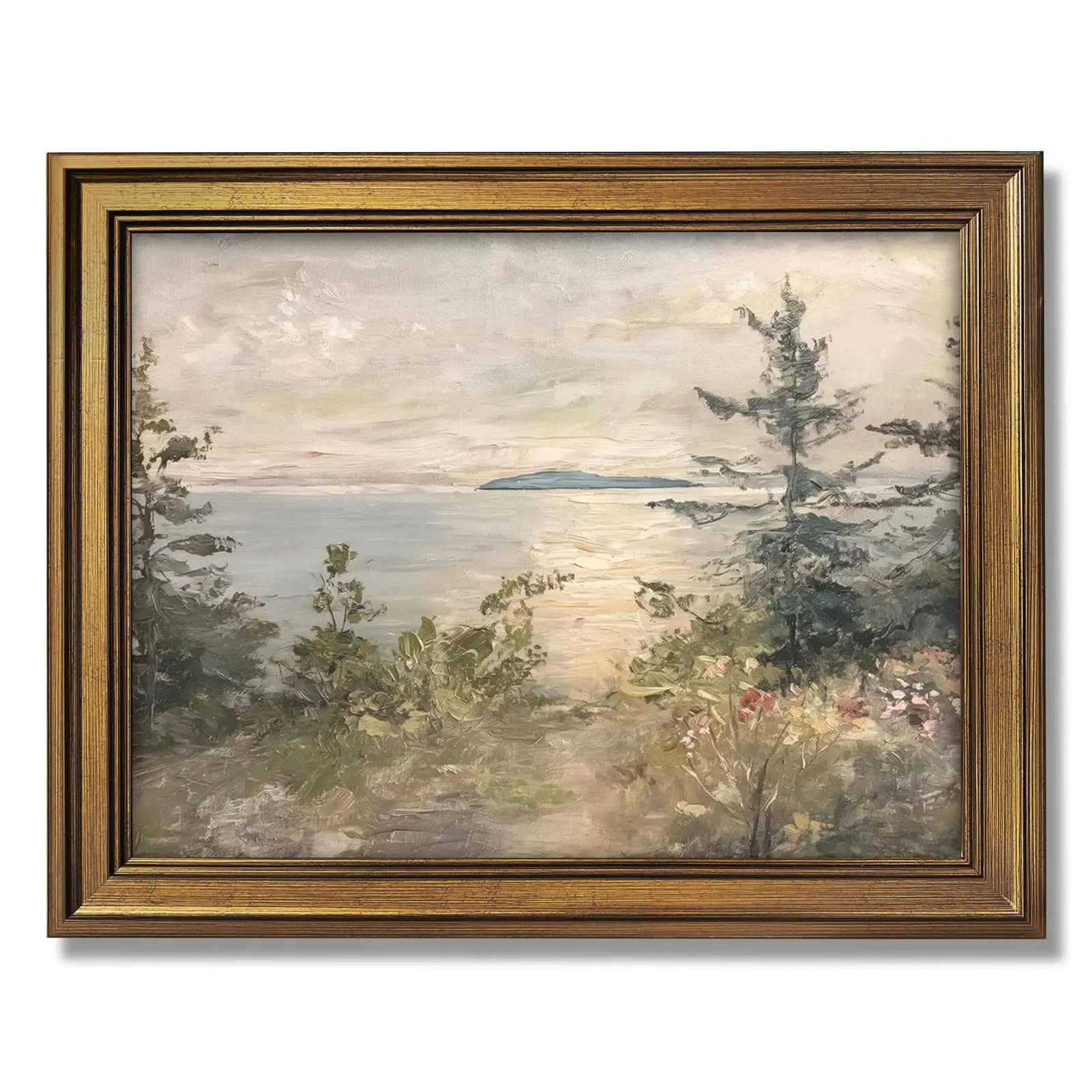 Muted Vintage Pine Tree Lake Island Landscape Gallery Wrapped Canvas Wall Art, Giclee Soft Oil Print, Hand Stretched Wood Canvas with Hooks, Black & Gold Frame & Canvas Only, Waterproof UV Fade-Proof, Decor for Living Room Bedroom Cafe, Warm Housewarming