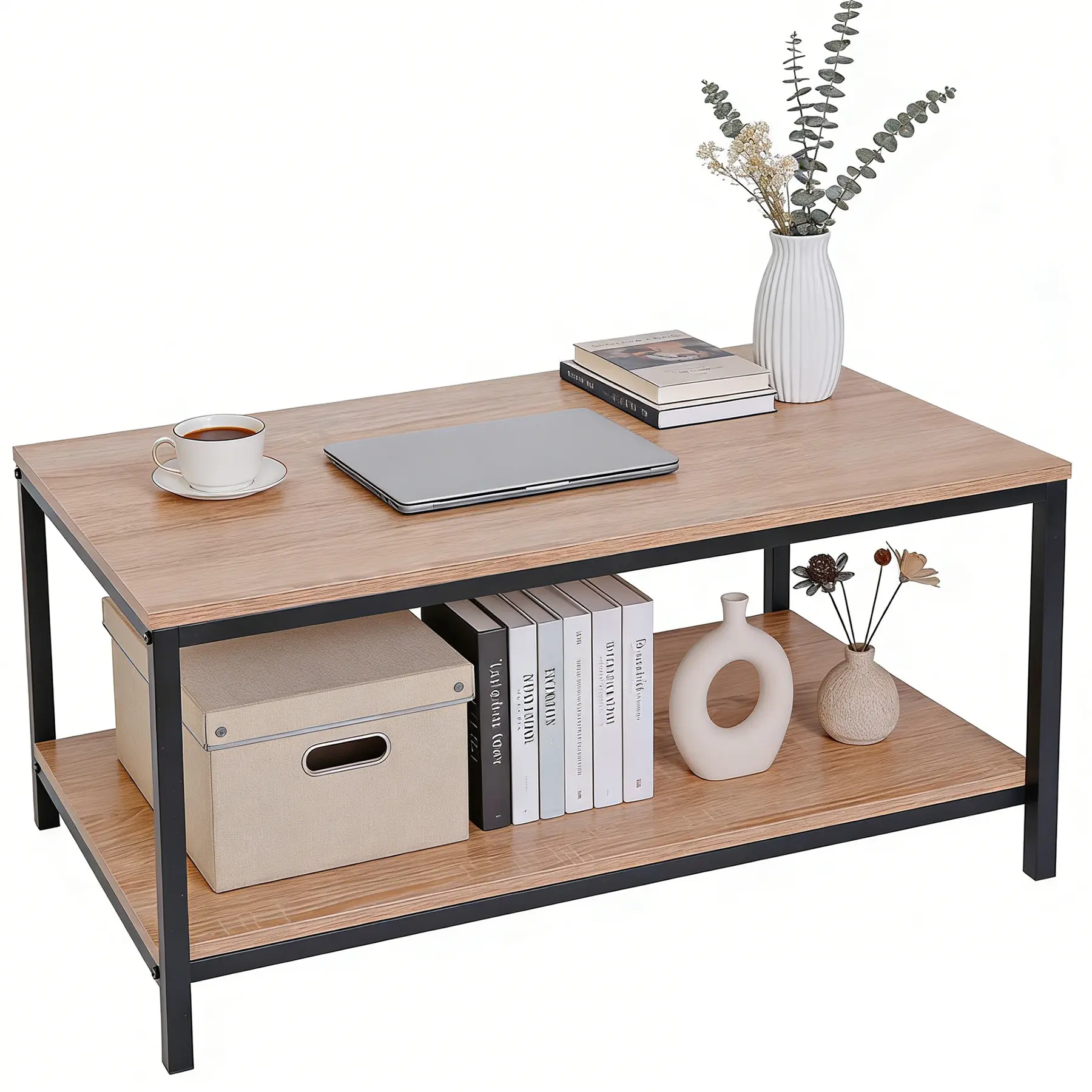 Segawe Rectangular Storage Wooden Coffee Table - Rustic Burlywood Wood Top, Metal Frame, Small Furniture for Small Spaces, Apartment Furniture, Indoor Living Room Decorations, House Decor,summerwins