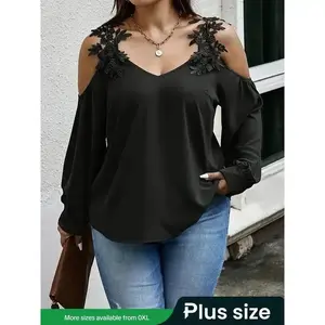 Plus Size Plain Contrast Lace Cold Shoulder Blouse, Plus Elegant Bishop Sleeve Top for Women, Women Plus Clothing for All Seasons, Womenswear Fitted Feminine