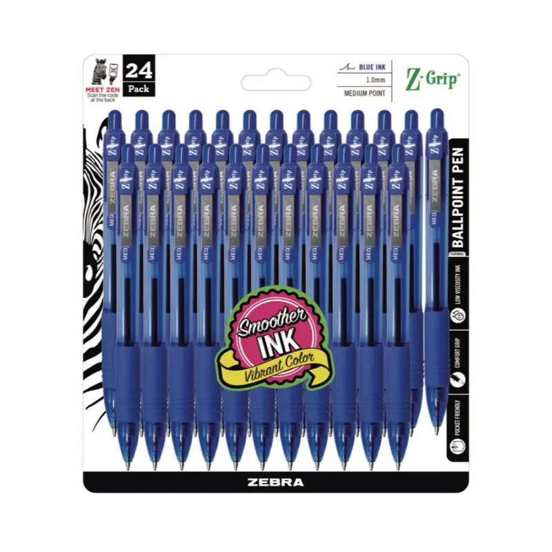 Zebra Z-Grip Retractable Ballpoint Pen Blue Ink 1.0mm Medium Point Smoother Ink Vibrant Color 24 Packs