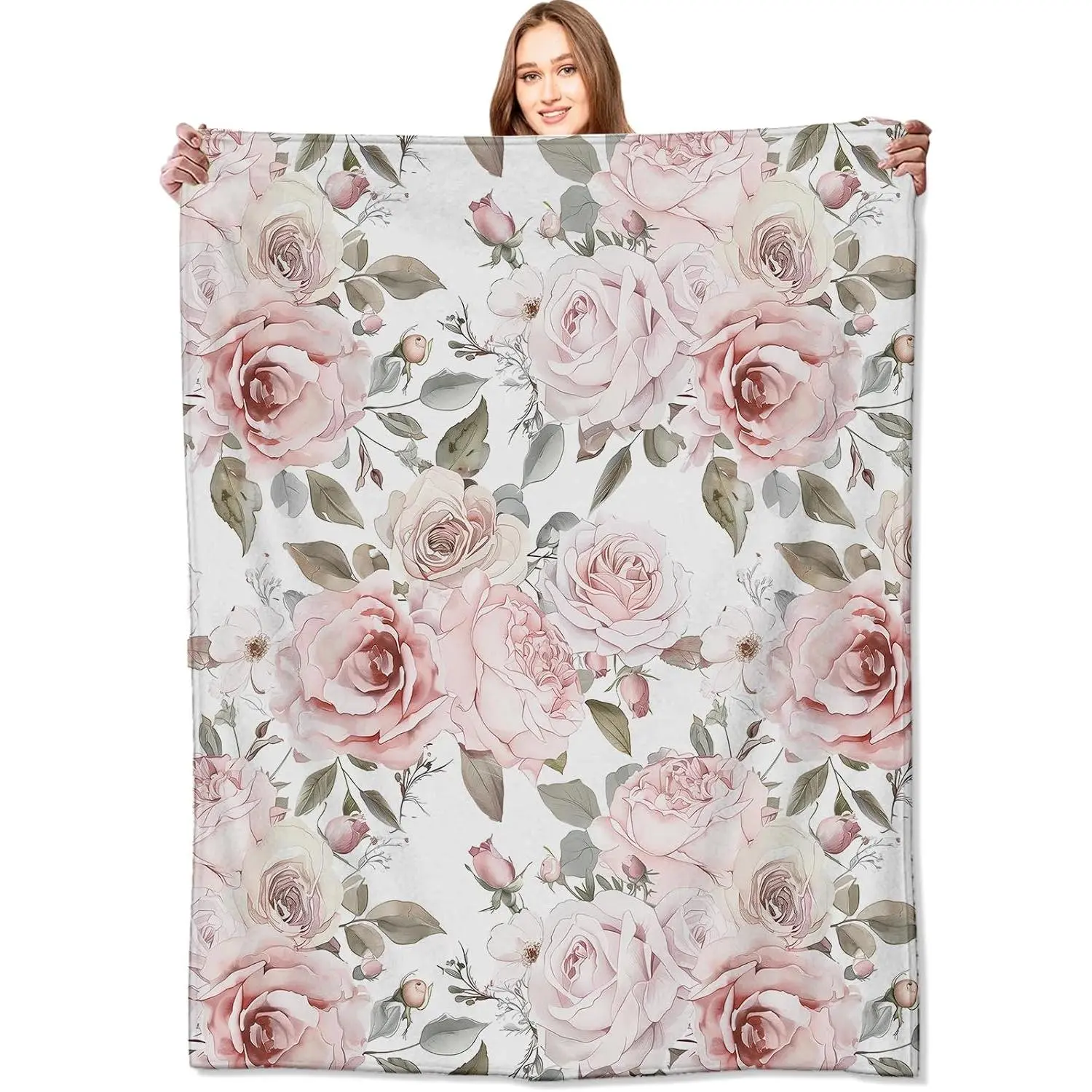 Vintage Floral Pink Rose Print Polyester Fleece Couch Throw Blanket - 50x60in Lightweight, Soft, Breathable, Wrinkle Resistant, Durable, Multi-Size, Romantic Vibe, Adult General Use Women's Birthday Gift for Sofa