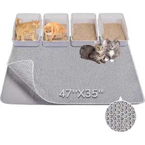 Cat Litter Mat 47" x 35" Upgraded Felt & Fabric Material Cat Trapping Mat for Fewer Creases, Extra Large Hold 3-4 Litter Boxes Urine-Proof Non-Slip, Machine Washable, Soft on Paws, Grey