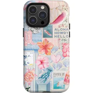 for iPhone 16 Pro Case, Summer Beach Ocean Vintage Seashell Flower Collage Design Cover, Cute Aesthetic Hybrid 2-Layer Hard Shell Shockproof Phone Case for Girls Women 6.3''