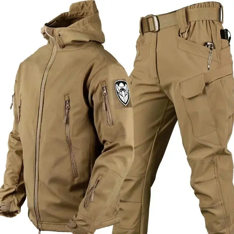Male Camouflage 2-Piece Winter Thick Long Sleeve Waterproof Tactical Training Set, Multi-Pocket Hooded Jacket & Fleece Pants for Outdoor Activities, S, Long Sleeve Shirt, Outdoor Training