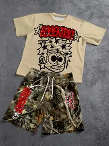 Men's 2-Piece Cartoon Print T-Shirt Set + Camouflage Print Shorts Set, a Casual Street Style Outfit Suitable for Everyday Wear, Summer Occasions, Vacations, and Outdoor Leisure.