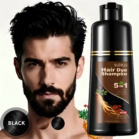 Natural Black Hair & Beard Color Shampoo for Adults - 5-in-1 Semi-Permanent Dye, Instant Gray Coverage, Ginseng & Ginger, Sulfate & Ammonia-Free, 6.76 Fl Oz, Haircare for Male & Female Aging Hair