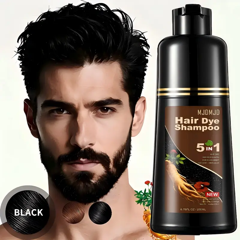 Natural Black Hair & Beard Color Shampoo with Organic Ginseng & Ginger Root Extract, 5-in-1 Instant Gray Coverage Formula for Men & Women, Sulfate-Free & Ammonia-Free Herbal Dye, Restores Shine & Strength, Long-Lasting Salon Results at Home, 6.76 Fl Oz