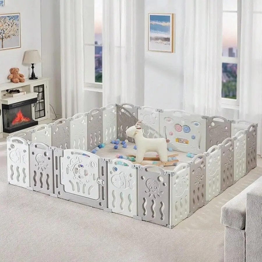 Plastic Baby Playpen - Adjustable 14/18/22-Panel Flexible Interlock Floor Safety Enclosure, Foldable Toddler Activity Centre for Indoor/Outdoor Use, Portable for Travel, Ideal for Baby Showers