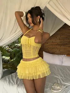 Women's Asymmetrical Halter Mesh Top with Adjustable Drawstring Pleats + Layered Ruffle Cake Skirt Set, Casual Sleeveless Slim Fit