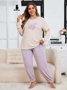 Plus Size Women's Knit Pajama Set, Butterfly Embroidery, Casual Loose Fit Long Sleeve Top & Pants, Fall Winter Sleepwear, Loungewear