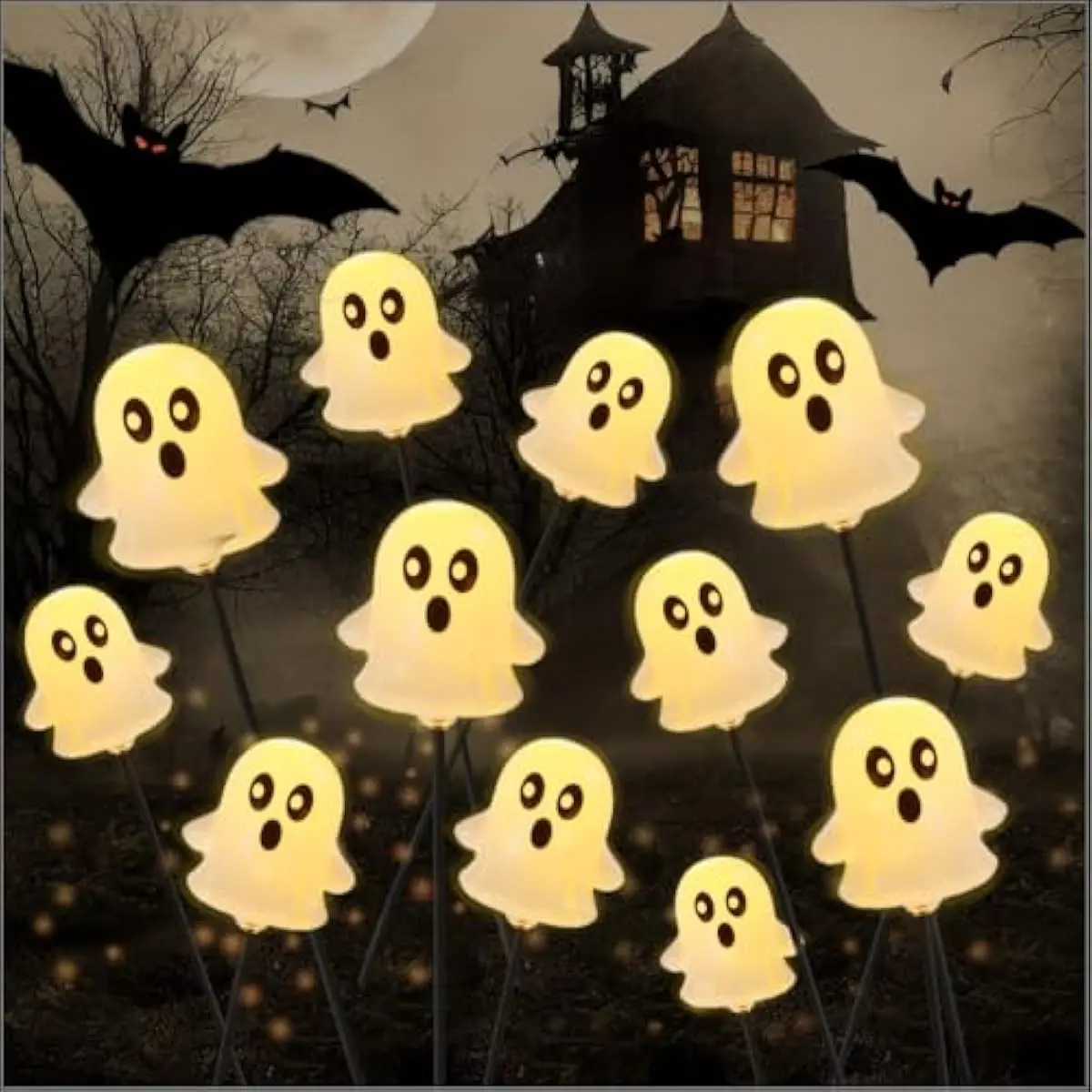 Halloween Decorations Outdoor Solar Cute Ghost Lights, 2 Pcs 12LEDs Solar Powered Hovering Ghost Yard Stakes, Cute LED Pathway Lights Decor for Halloween Graveyard Garden Yard Patio Lawn