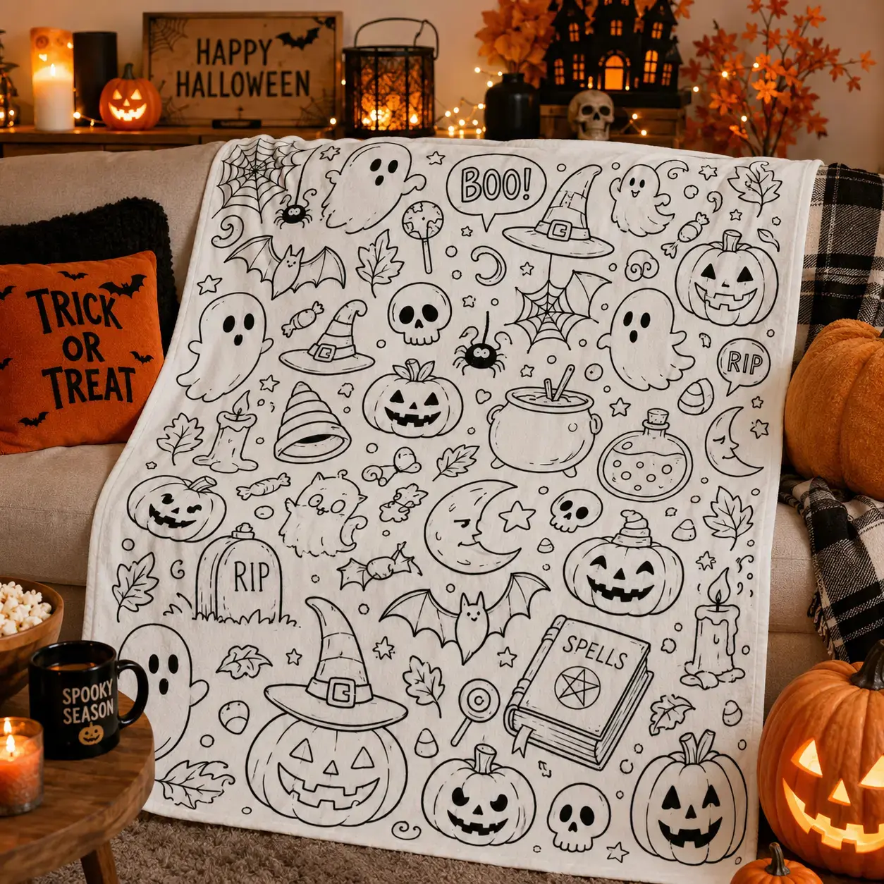 Halloween DIY Coloring Throw Blanket, Soft Flannel Ghost Pumpkin Witch Hat and Bat Doodle Print for Kids Bedroom and Family Lounge Decor, Creative Color Your Own Bed Throw for Movie Night, Halloween Gift for Children and Families