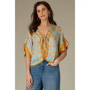 Dolman Roll Cuff Sleevbe V-Neck Button Down Floral Print Woven Top