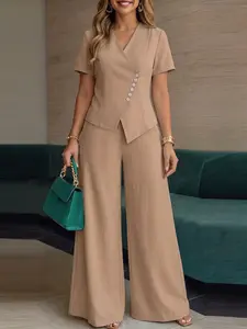 Women's V-Neck Short Sleeve Cross Front Asymmetrical Hem Shirt + Elastic Waist Straight Leg Pants Set, Casual Two-Piece
