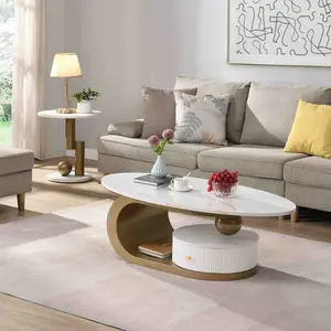 Bellemave 2-Piece Contemporary Golden Nesting Coffee Table Set, Elegant Functional Wooden Living Room Tables with Oval & Round Shapes, Rattan-Wood & Steel Frame, Natural Finish, Quick Setup, Livingroom
