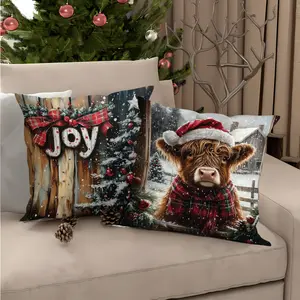 Christmas Pillow Covers Set of Four, Scottish Highland Cow Home Sofa Cushion Cases, New Year Holiday Decorations, No Filler Included