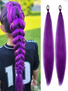 28 Inch Purple Braided Wig With Elastic Band, Women's Hair Extensions, Ombre Purple Braided Ponytail, Synthetic Material, Synthetic Hair Pieces