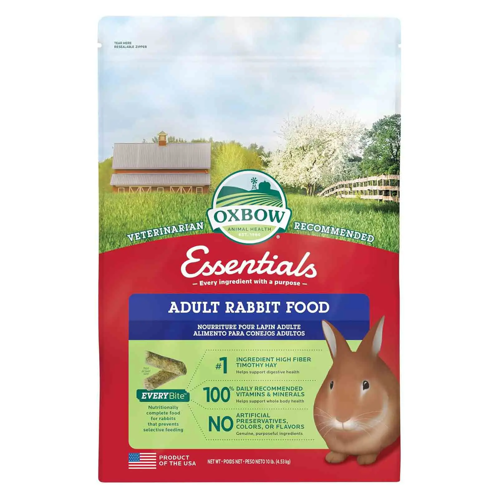 Oxbow Essentials Adult Rabbit Food, Timothy Hay Rabbit Pellets, USA, 10 lb Bunny Food for Adult Rabbits, Made with High Fiber Oxbow Hay, Vitamins & Minerals, Uniform, Prevents Selective Feeding