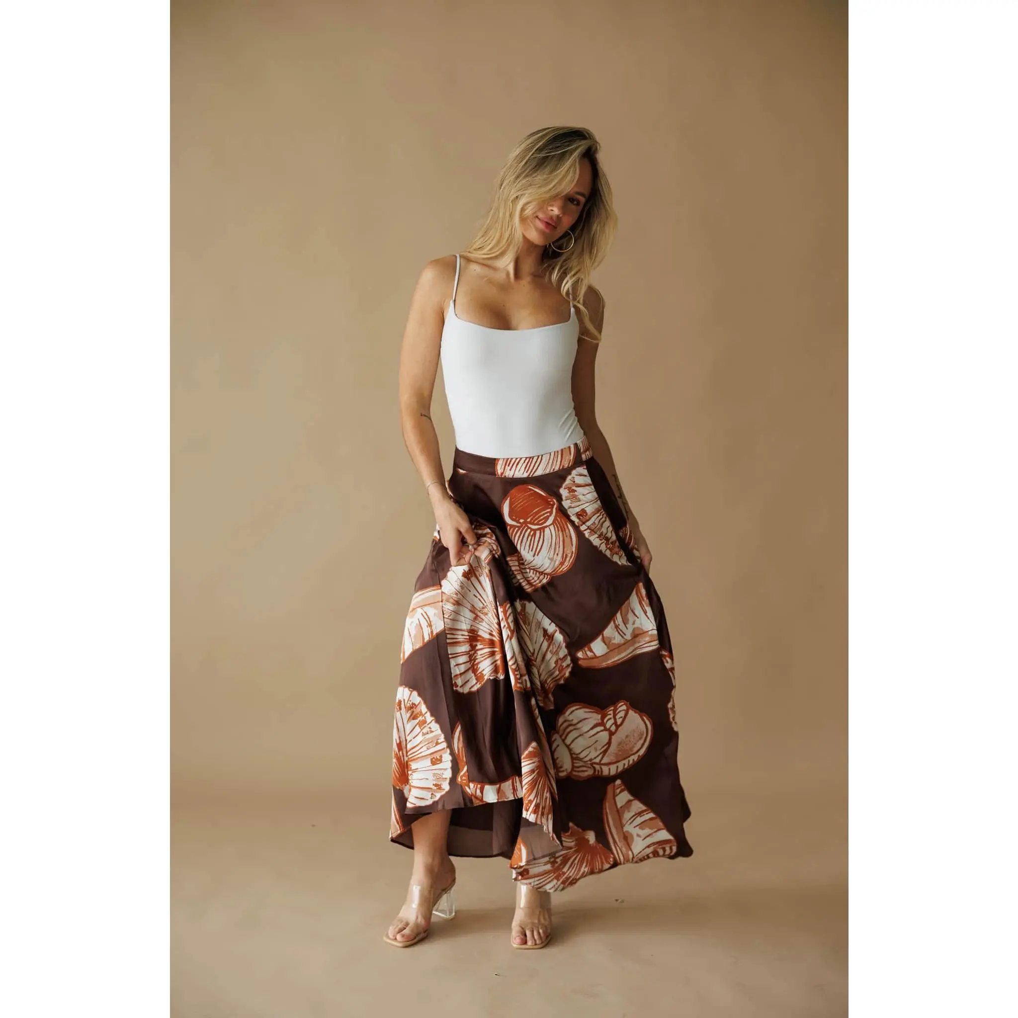 Seashell Print Maxi Skirt for Women, Flowing Satin Bottom in a Smooth Polyester Fabric for All-Day Coastal Charm, Piece, Elegance