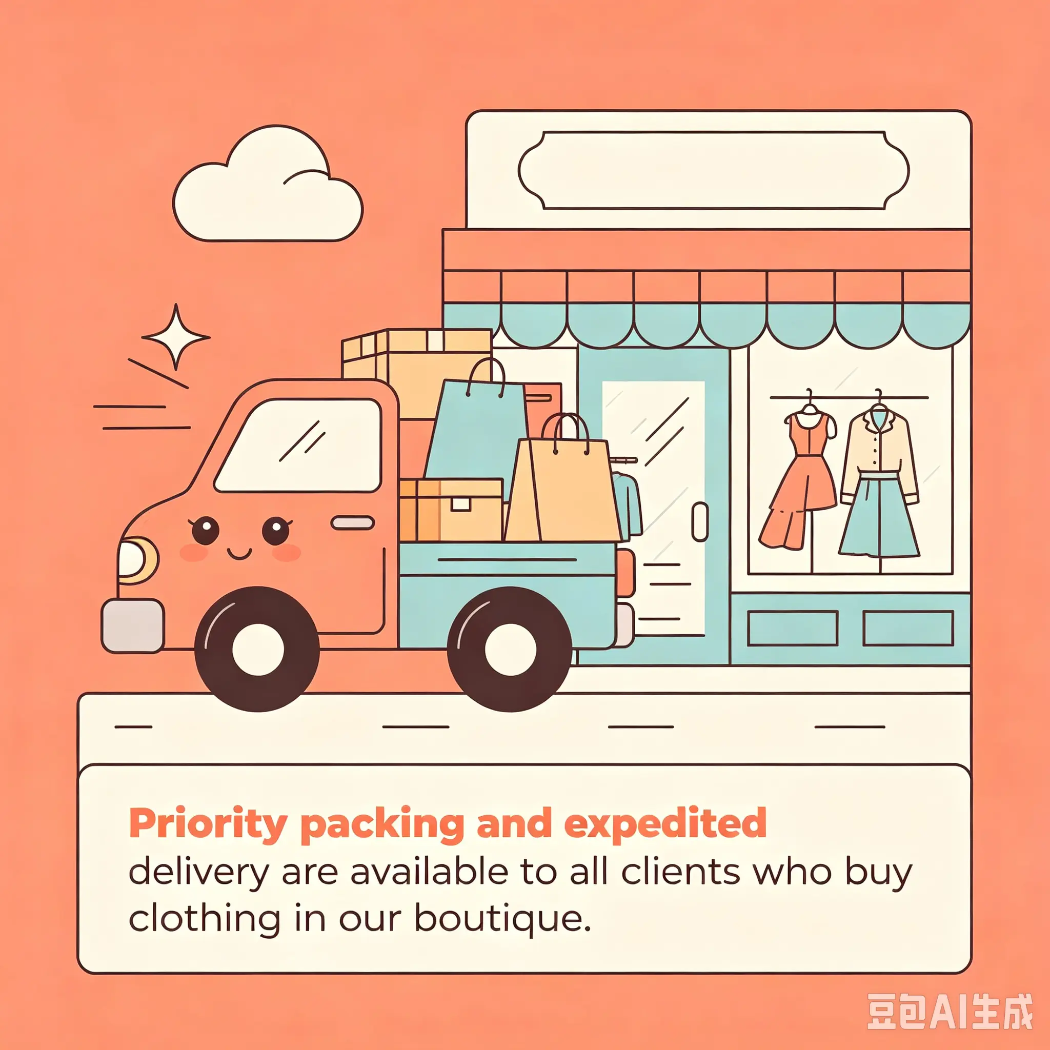 Priority packing and expedited delivery are available to all clients who buy clothing in our boutique.
