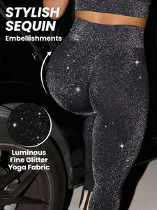 Women's Plus Size Shiny Party Style Yoga Pants High Waist Four-Way Stretch Seamless Long Pants, Casual Solid Pattern All Seasons Yoga Leggings