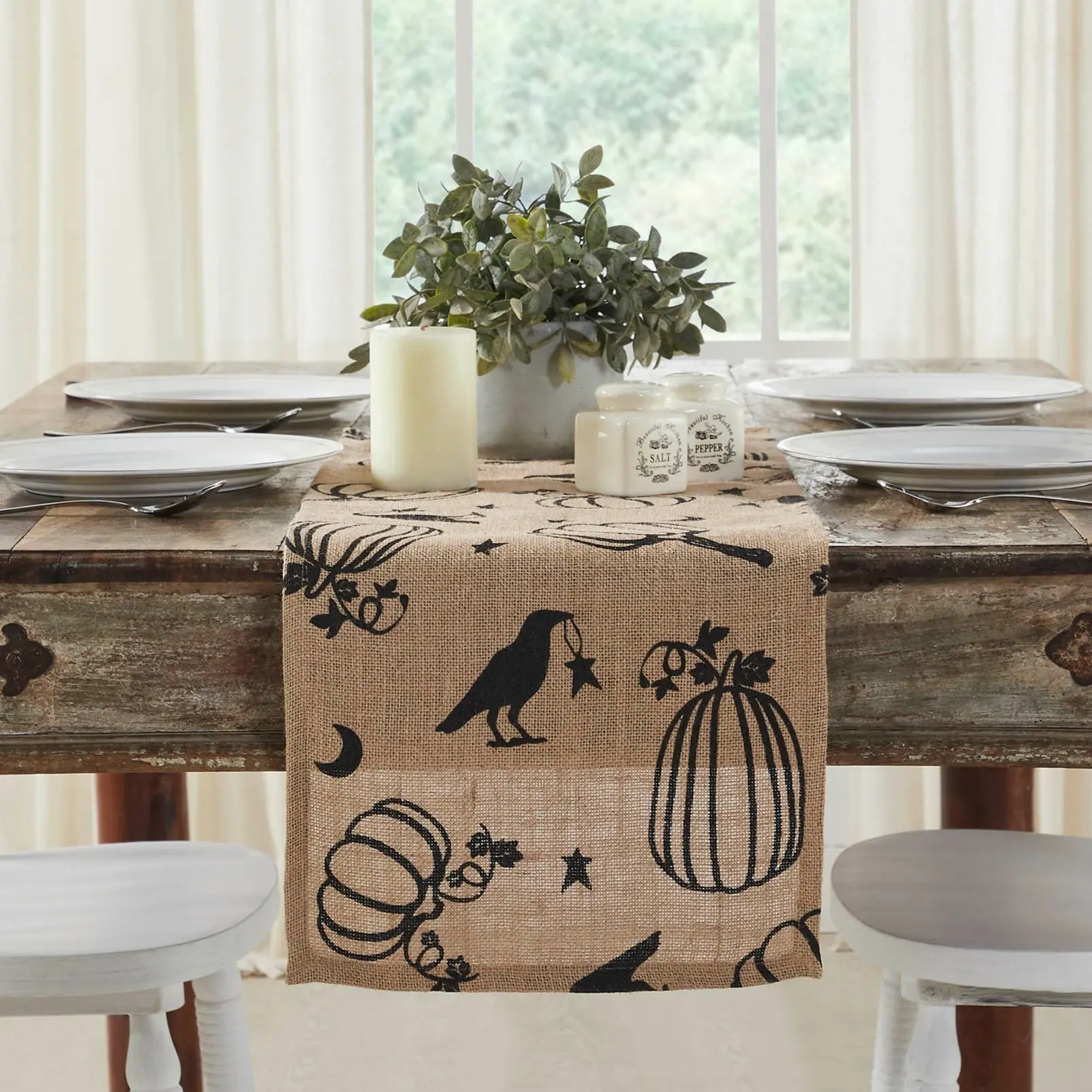 Raven Harvest Table Runners, Thanksgiving Decorative Runners with Vintage Style, Classic Design, Stenciled Patterns for Kitchen Dining Tables