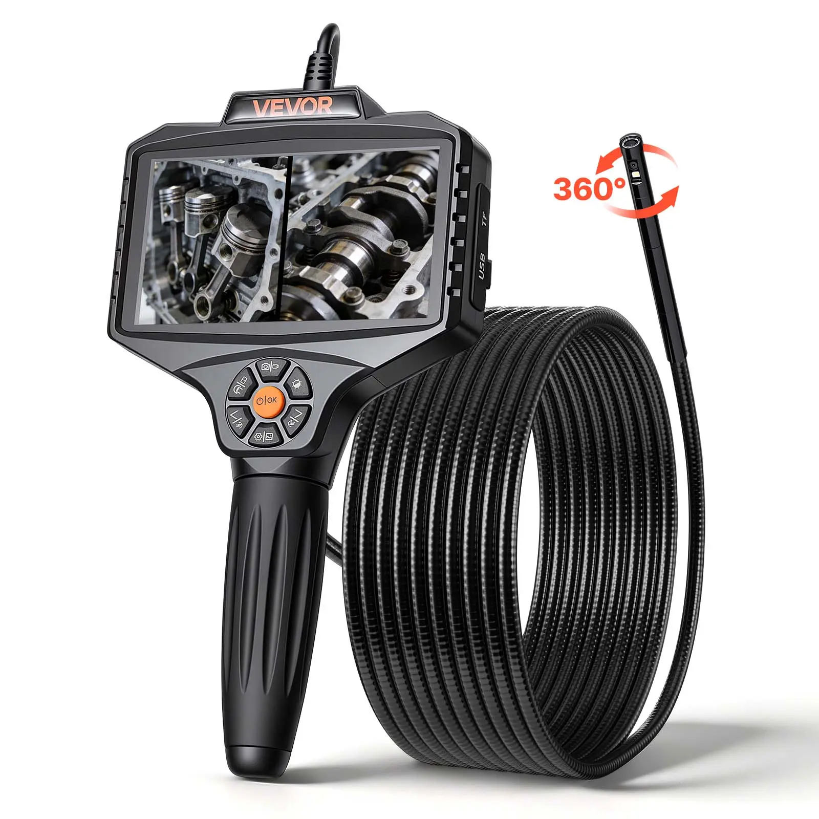VEVOR 1080P HD Industrial Borescope Diagnostic Tool, 360° Motorized Rotation Probe, 0.32-Inch Slim Lens, 16.4 ft Rigid Snake Cable with Lights, 5000mAh Batteries-Included Car Repair Tool, 5" HD Split-Screen for Wall & Automotive Engine Inspection, 5 Inche