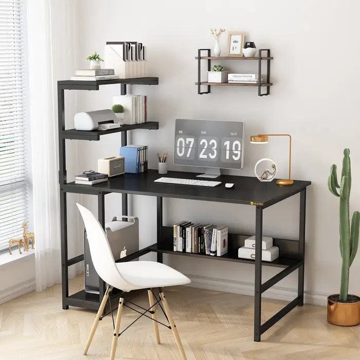 ALISENED Minimal Computer Desk with 4-Tier Storage Shelves, Modern Large Desk with Bookshelf for Home Office, Study, and Gaming Furniture Organize Des