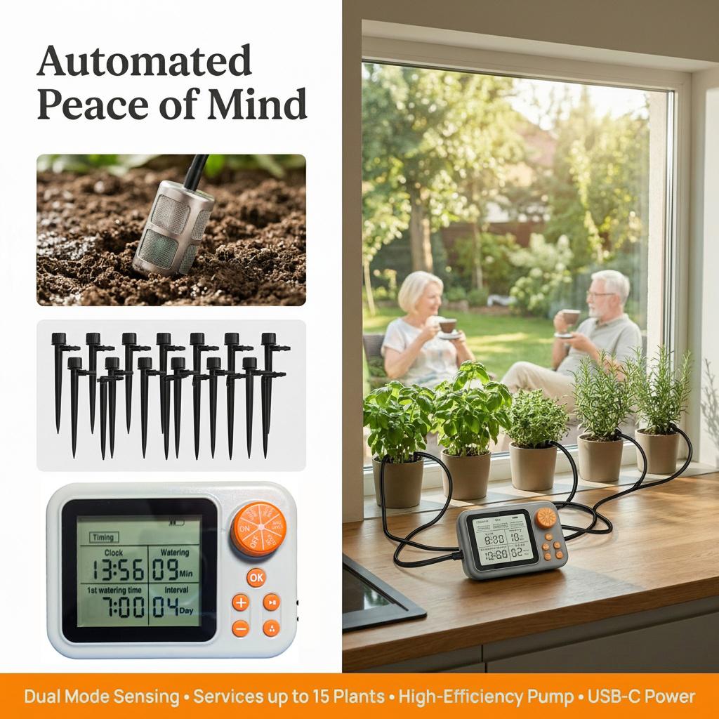 Large Display Automatic Plant Waterer Indoor for Pot Plants,Cycle & Soak Mode Vacation Self Watering Drip Irrigation System Device Kit Office Patio Greenhouse Grow Tent Water 10-15 Plants