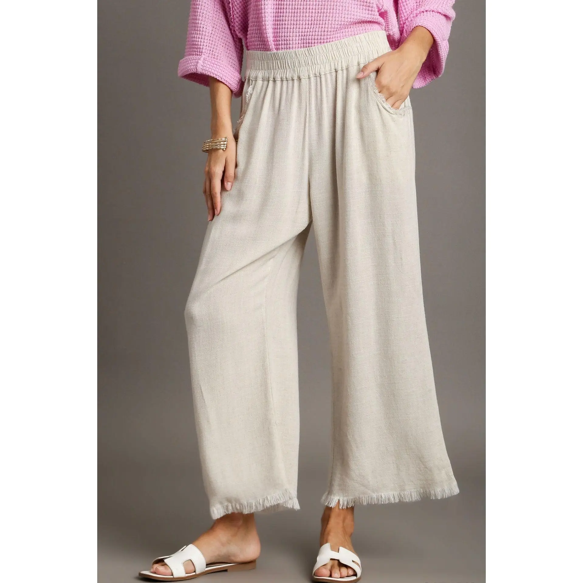 Umgee Linen Wide-Leg Pants - High Waist, Loose-Fitting, Minimalist Style, Functional Pockets, Raw Frayed Hem, All Seasons, Casual Wear