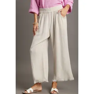 Umgee Linen Wide-Leg Pants - High Waist, Loose-Fitting, Minimalist Style, Functional Pockets, Raw Frayed Hem, All Seasons, Casual Wear